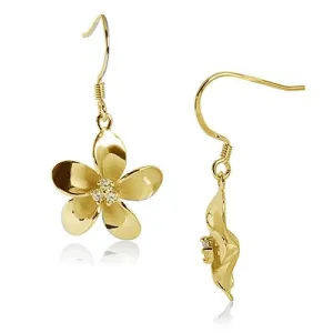 Sterling Silver Yellow Gold Plated Plumeria with Three CZ Prong Hook Earrings (18mm/20mm)