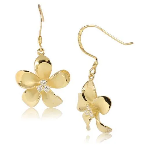 Sterling Silver Yellow Gold Plated Plumeria with Three CZ Prong Hook Earrings (18mm/20mm)