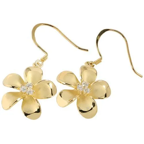 Sterling Silver Yellow Gold Plated Plumeria with Three CZ Prong Hook Earrings (18mm/20mm)