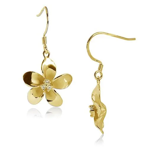 Sterling Silver Yellow Gold Plated Plumeria with Three CZ Prong Hook Earrings (18mm/20mm)