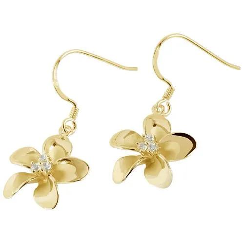 Sterling Silver Yellow Gold Plated Plumeria with Three CZ Prong Hook Earrings (18mm/20mm)