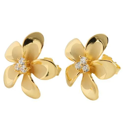 Sterling Silver Yellow Gold Plated Plumeria with Three CZ Prong Post Earrings (12mm/18mm)