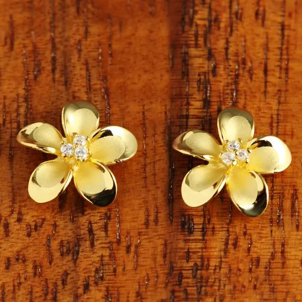 Sterling Silver Yellow Gold Plated Plumeria with Three CZ Prong Post Earrings (12mm/18mm)