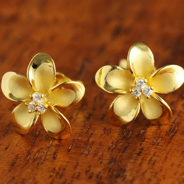 Sterling Silver Yellow Gold Plated Plumeria with Three CZ Prong Post Earrings (12mm/18mm)