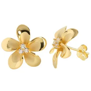Sterling Silver Yellow Gold Plated Plumeria with Three CZ Prong Post Earrings (12mm/18mm)