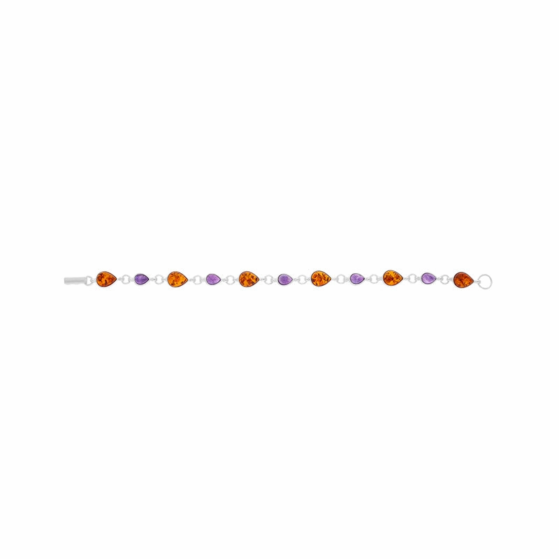 Sterling Silver Amber Amethyst Pear Drop Shaped Eleven Stone Link Bracelet