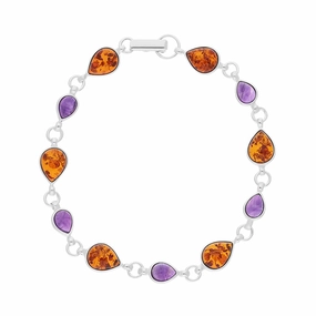 Sterling Silver Amber Amethyst Pear Drop Shaped Eleven Stone Link Bracelet