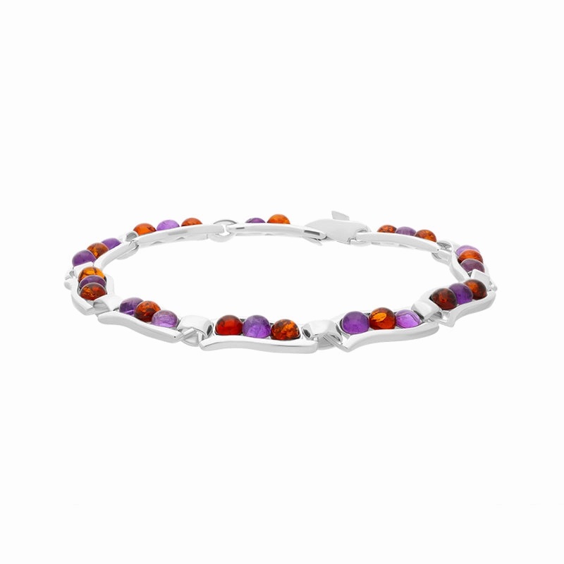 Sterling Silver Amber Amethyst Round Ten Stone Wavy Link Bracelet D