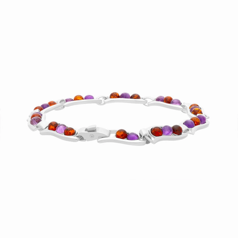 Sterling Silver Amber Amethyst Round Ten Stone Wavy Link Bracelet D