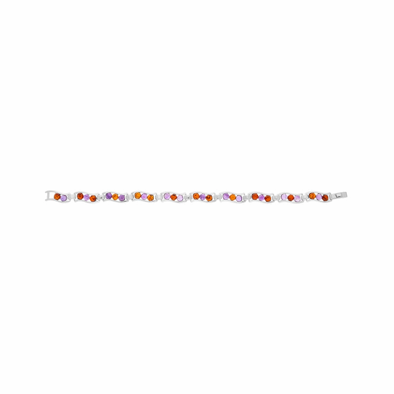 Sterling Silver Amber Amethyst Round Ten Stone Wavy Link Bracelet D