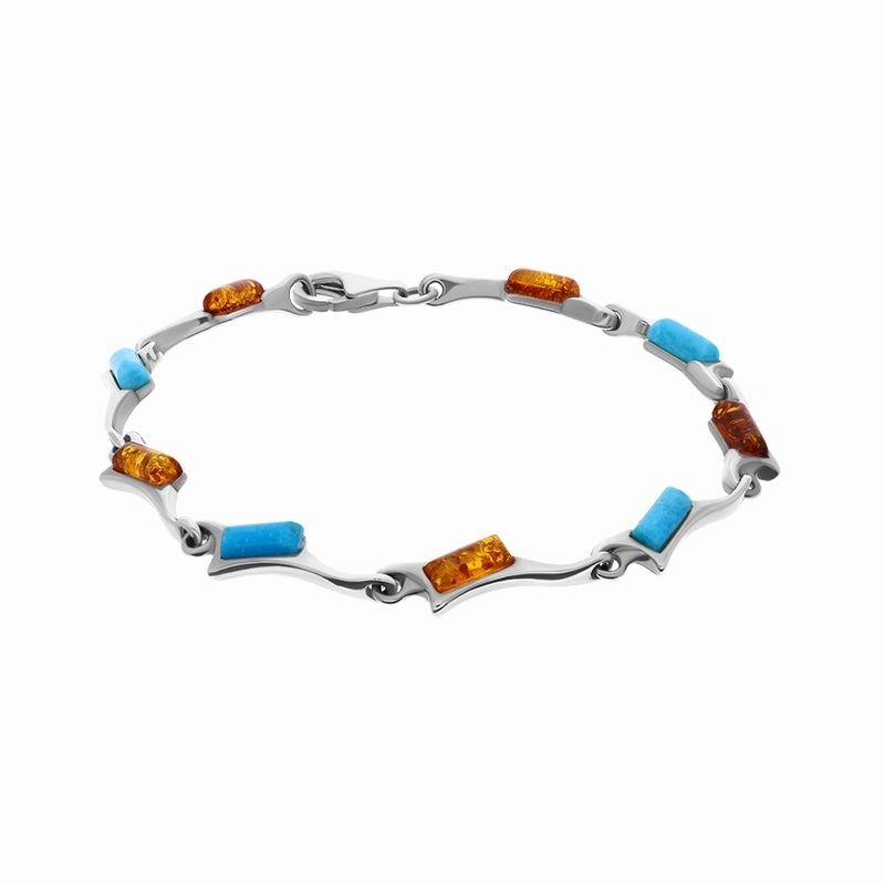 Sterling Silver Amber Turquoise Nine Stone Oblong Off Set Bracelet D