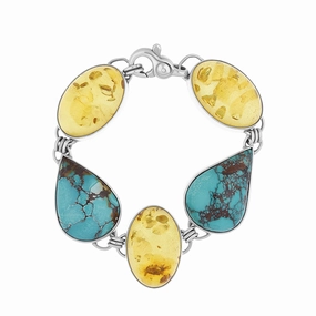 Sterling Silver Amber Turquoise Oval Pear Shaped Five Stone Bracelet