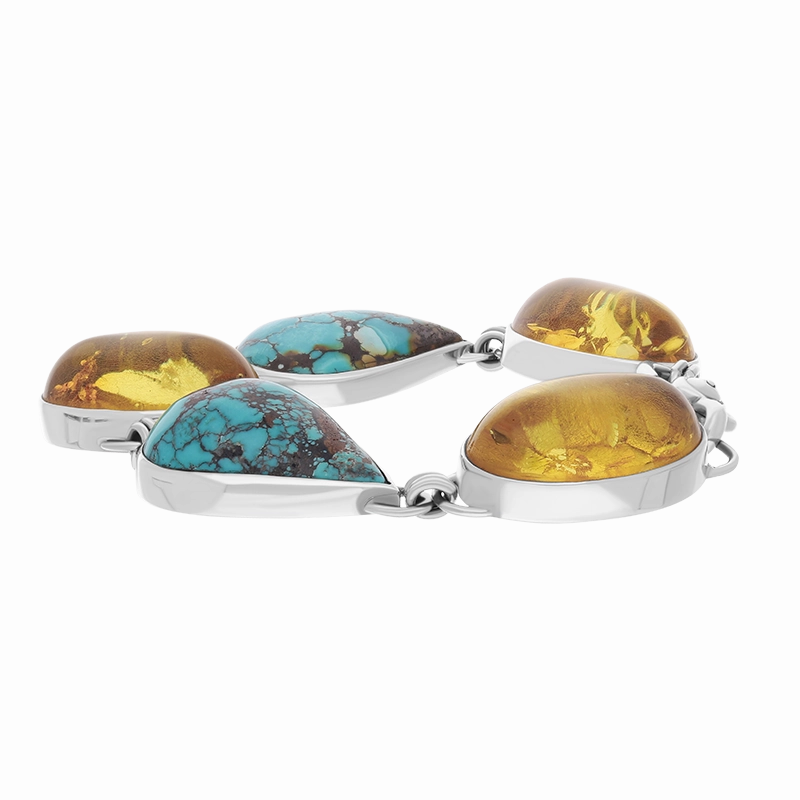 Sterling Silver Amber Turquoise Oval Pear Shaped Five Stone Bracelet
