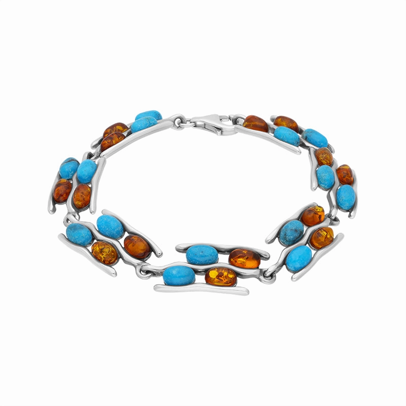 Sterling Silver Amber Turquoise Wavy Link Bracelet D