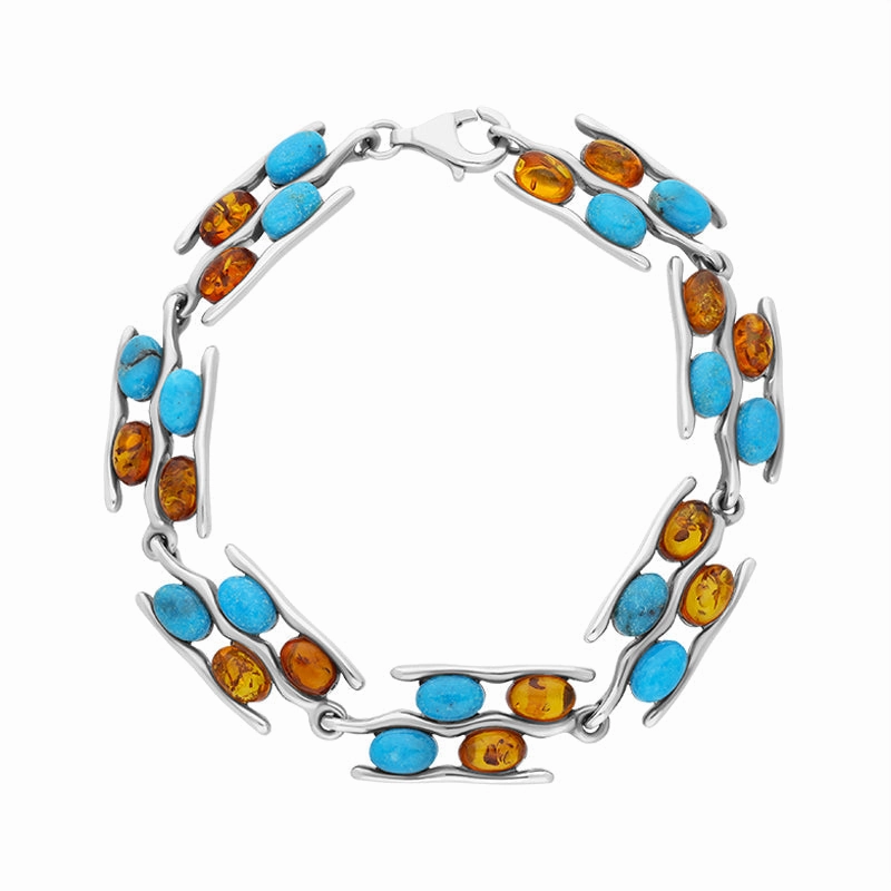 Sterling Silver Amber Turquoise Wavy Link Bracelet D