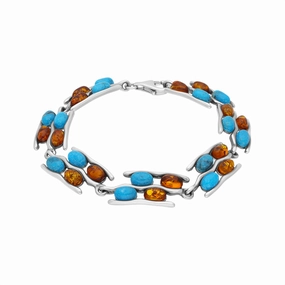 Sterling Silver Amber Turquoise Wavy Link Bracelet D