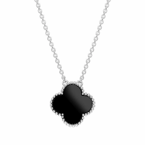 Sterling Silver Whitby Jet Bloom Large Four Leaf Clover Ball Edge Chain Necklet
