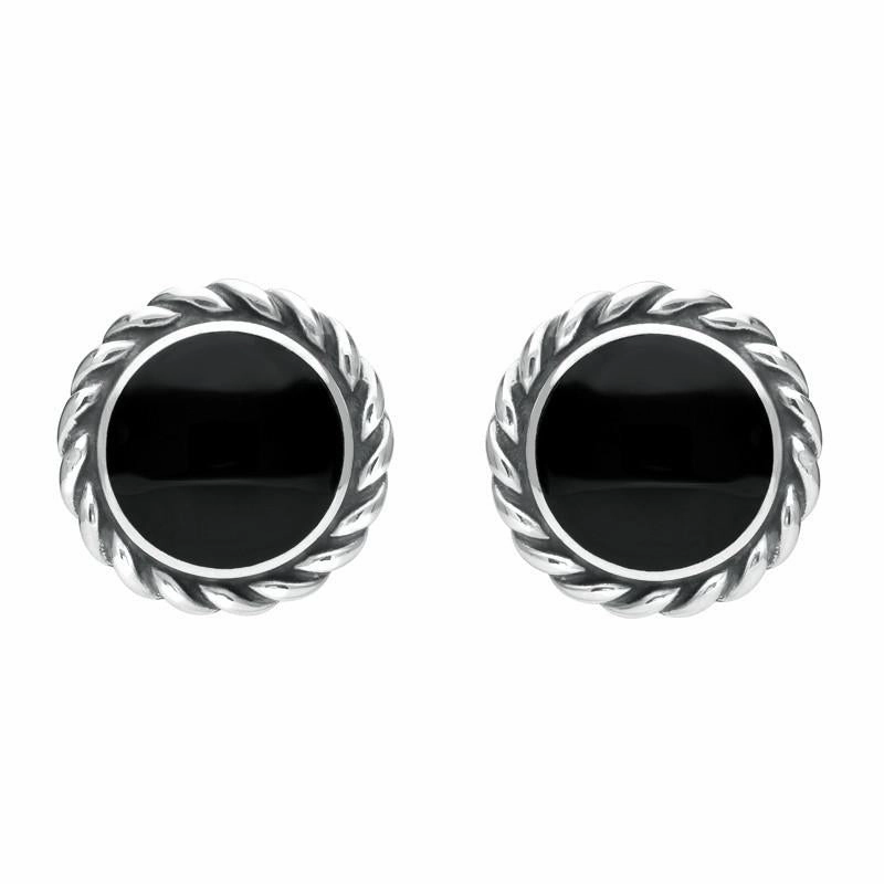 Sterling Silver Whitby Jet Large Rope Edge Round Stud Earrings