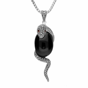 Sterling Silver Whitby Jet Marcasite Garnet Snake Necklace