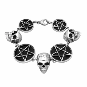 Sterling Silver Whitby Jet Skulls and Round Pentagram Bracelet