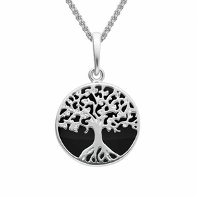 Sterling Silver Whitby Jet Small Round Tree of Life Necklace