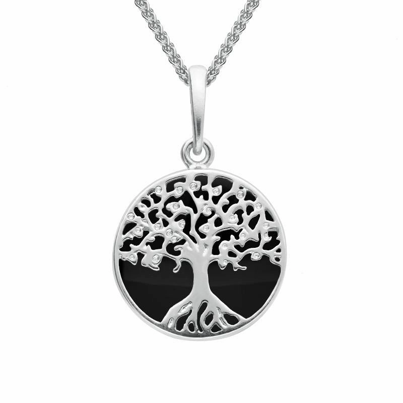 Sterling Silver Whitby Jet Small Round Tree of Life Necklace