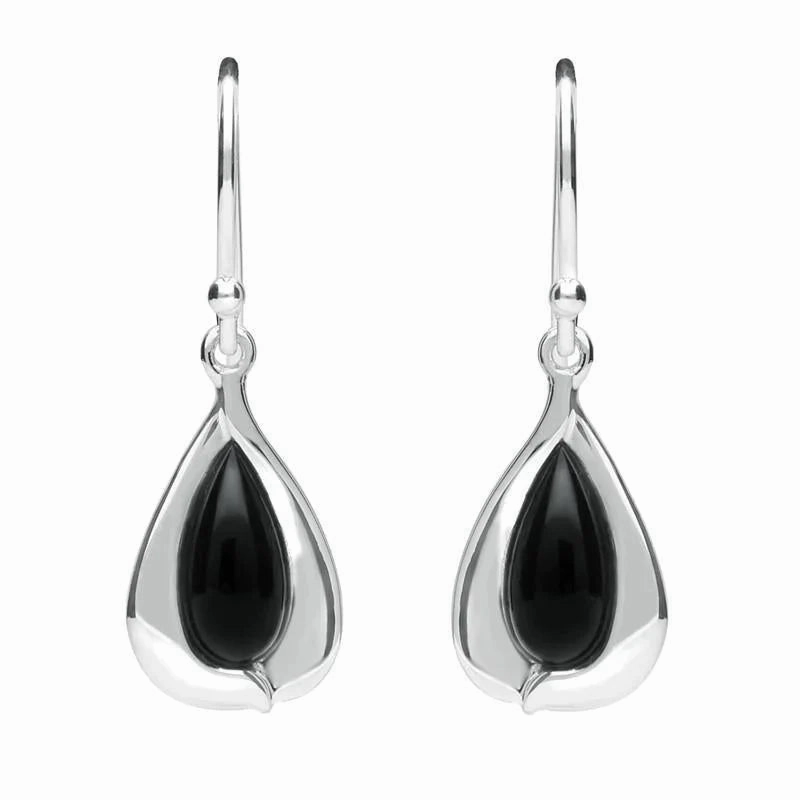 Sterling Silver Whitby Jet Wide Edge Pear Hook Earrings