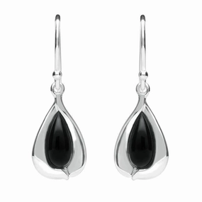 Sterling Silver Whitby Jet Wide Edge Pear Hook Earrings