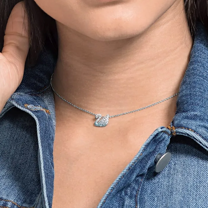 Swarovski Iconic Swan Rhodium Plated Blue Crystal Swan Necklace