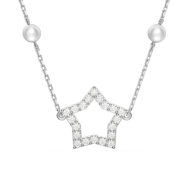 Swarovski Stella Rhodium Plated White Crystal Pearls Star Necklace