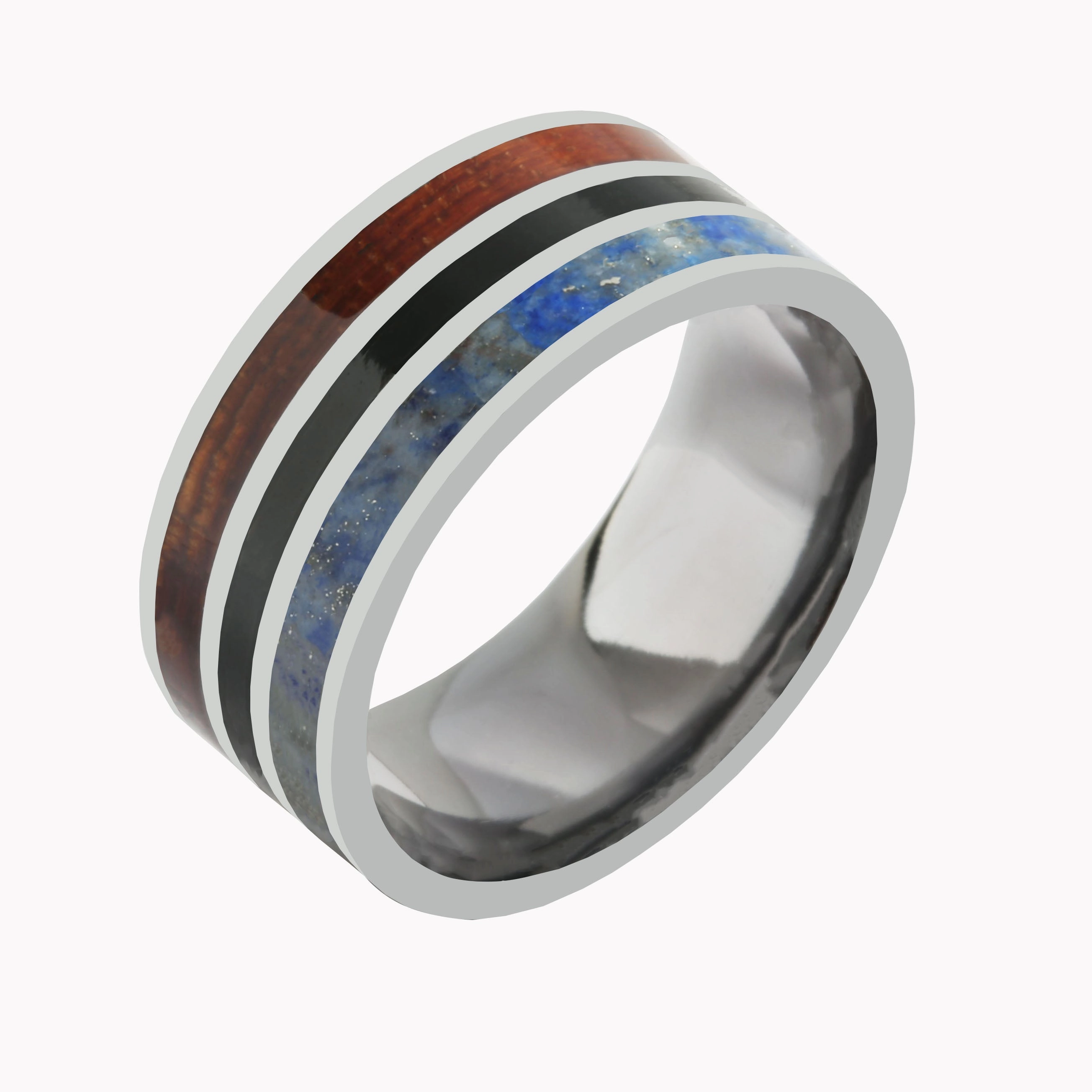 Tantalum with Koa Wood, Lapis Lazuli and Onyx Inlaid Wedding Ring Flat 10mm