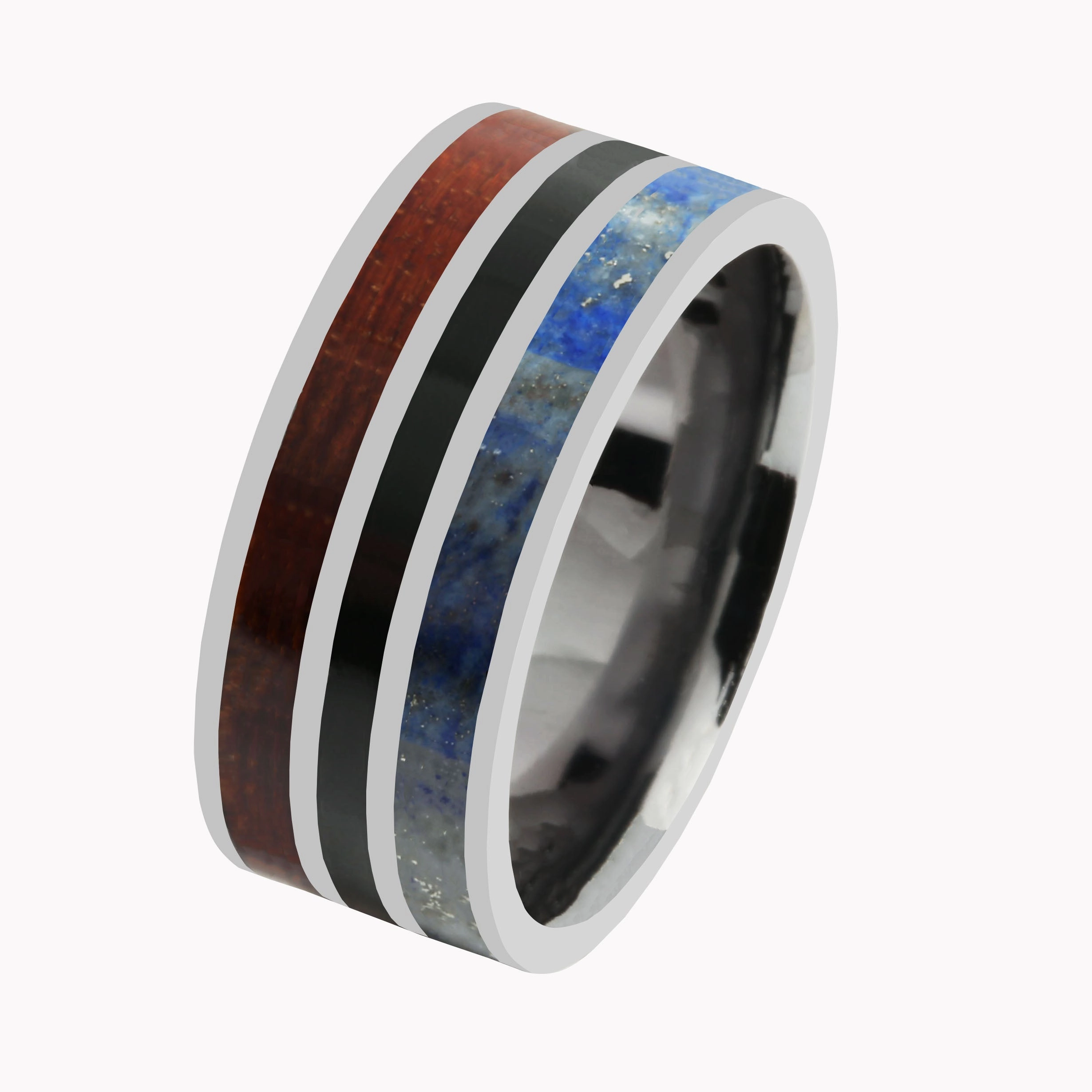 Tantalum with Koa Wood, Lapis Lazuli and Onyx Inlaid Wedding Ring Flat 10mm