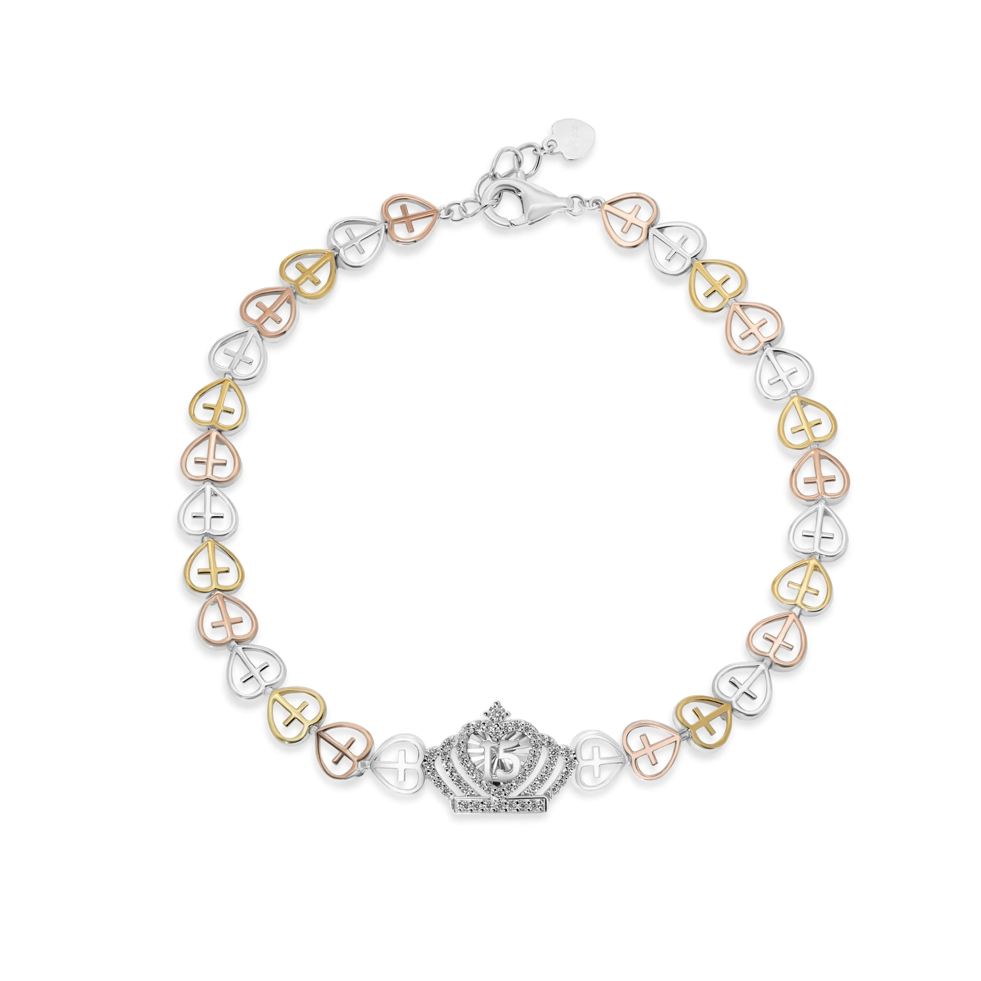 Three Tone Plated 925 Sterling Silver Heart Cross Quinceaera Crown 16.2mm x 11.3mm Clear CZ Adjustable Bracelet - GMB00152TRI