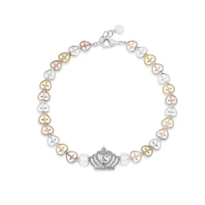 Three Tone Plated 925 Sterling Silver Heart Cross Quinceaera Crown 16.2mm x 11.3mm Clear CZ Adjustable Bracelet - GMB00152TRI