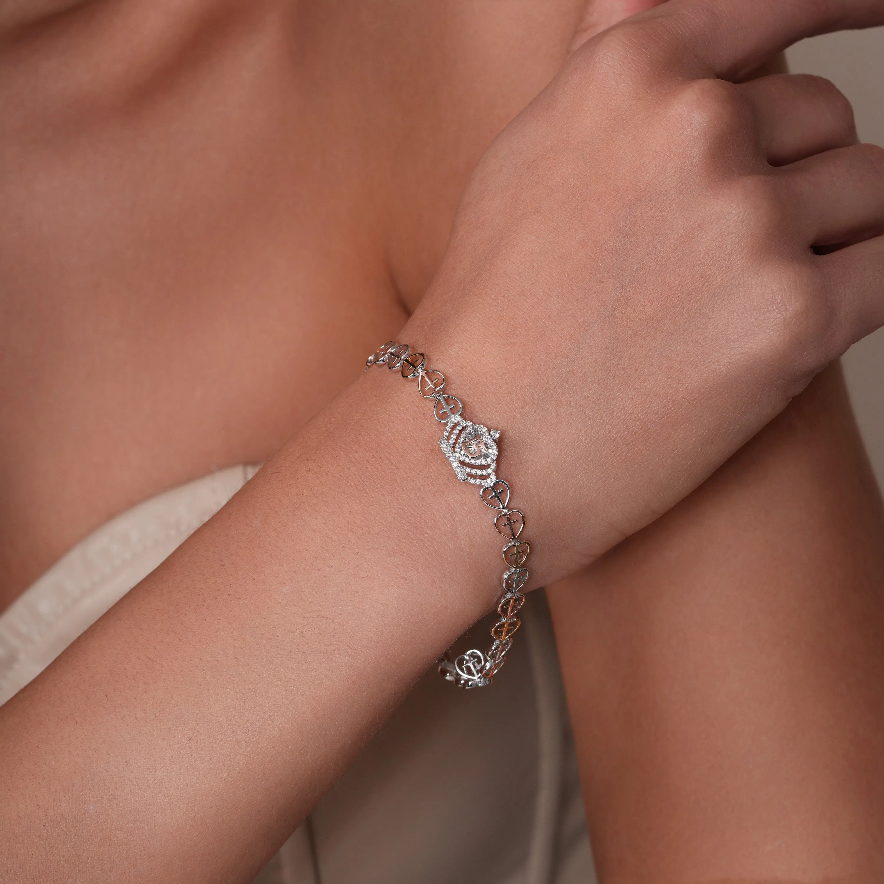 Three Tone Plated 925 Sterling Silver Heart Cross Quinceaera Crown 16.2mm x 11.3mm Clear CZ Adjustable Bracelet - GMB00152TRI