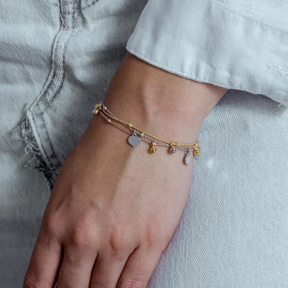 Three-Tone Plated 925 Sterling Silver Multi Chain Leaves and Beads Lariat Bracelet - ECB00125
