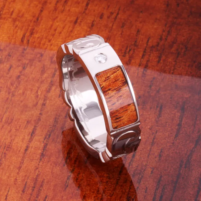 Titanium Scroll Engraved Natural Koa Wood with Diamond Inlaid Flat Wedding Ring 6mm