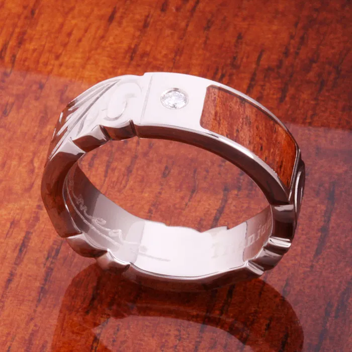 Titanium Scroll Engraved Natural Koa Wood with Diamond Inlaid Flat Wedding Ring 6mm