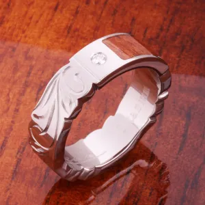 Titanium Scroll Engraved Natural Koa Wood with Diamond Inlaid Flat Wedding Ring 6mm
