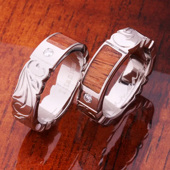 Titanium Scroll Engraved Natural Koa Wood with Diamond Inlaid Flat Wedding Ring 6mm