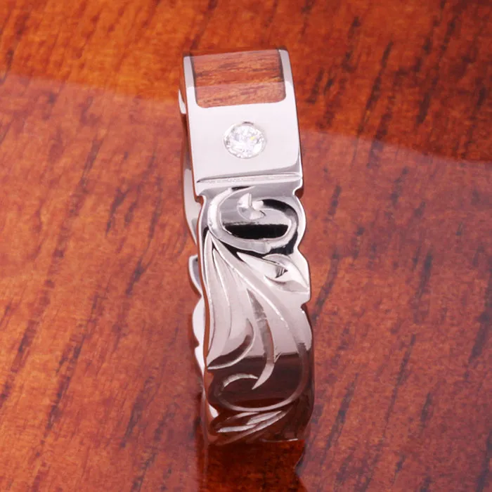 Titanium Scroll Engraved Natural Koa Wood with Diamond Inlaid Flat Wedding Ring 6mm