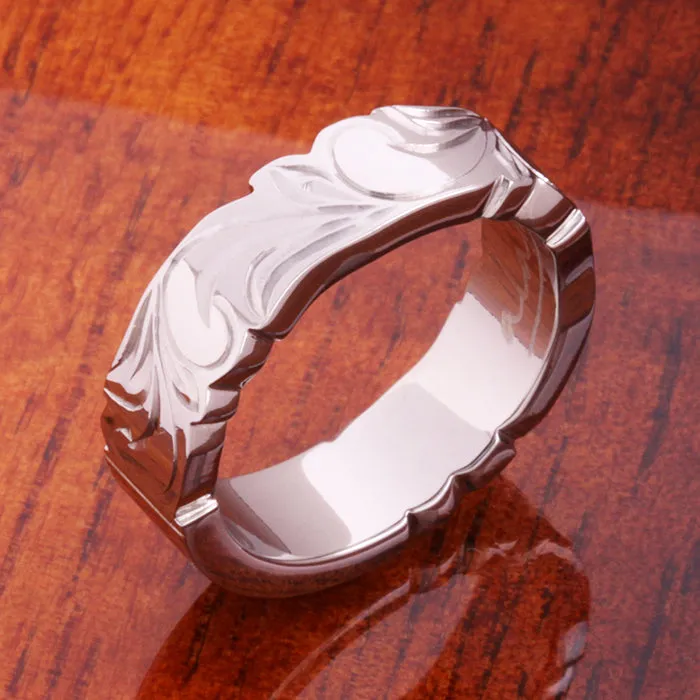Titanium Scroll Engraved Natural Koa Wood with Diamond Inlaid Flat Wedding Ring 6mm