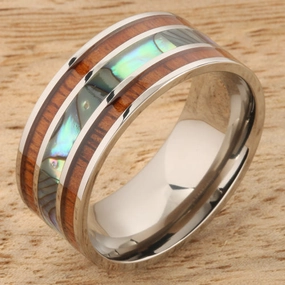 Titanium Natural Koa Wood and Abalone Flat Wedding Ring 10mm