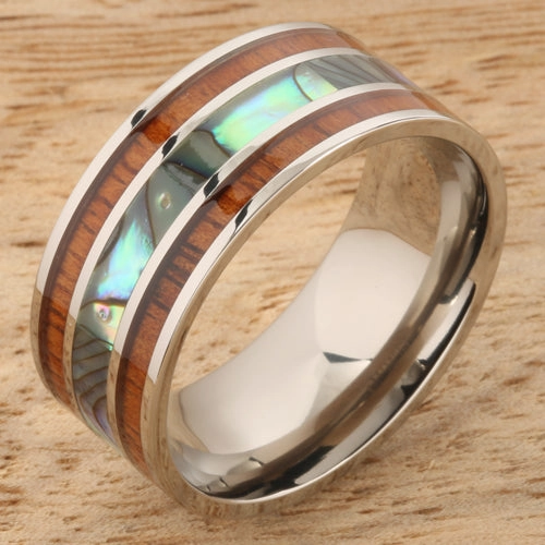 Titanium Natural Koa Wood and Abalone Flat Wedding Ring 10mm