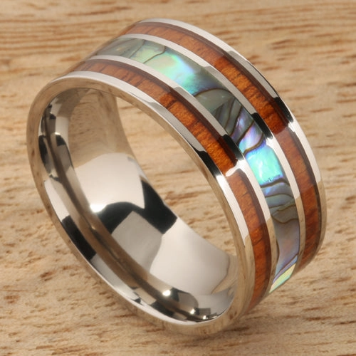 Titanium Natural Koa Wood and Abalone Flat Wedding Ring 10mm