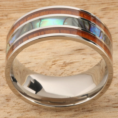 Titanium Natural Koa Wood and Abalone Flat Wedding Ring 10mm