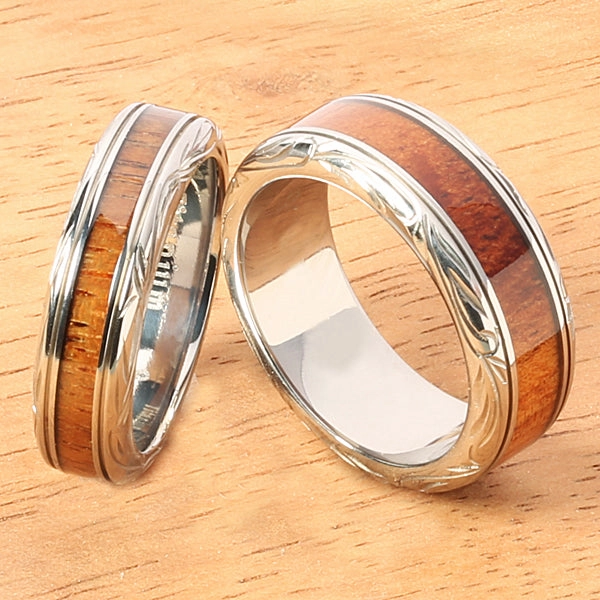 Titanium Scroll Engraved Natural Koa Wood Flat Wedding Ring 6mm