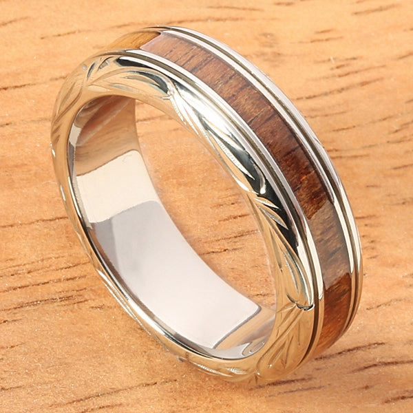 Titanium Scroll Engraved Natural Koa Wood Flat Wedding Ring 6mm