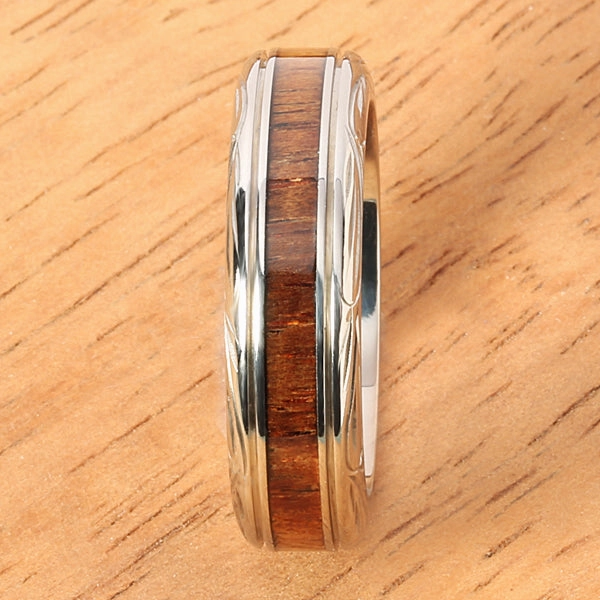 Titanium Scroll Engraved Natural Koa Wood Flat Wedding Ring 6mm