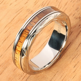 Titanium Scroll Engraved Natural Koa Wood Flat Wedding Ring 6mm